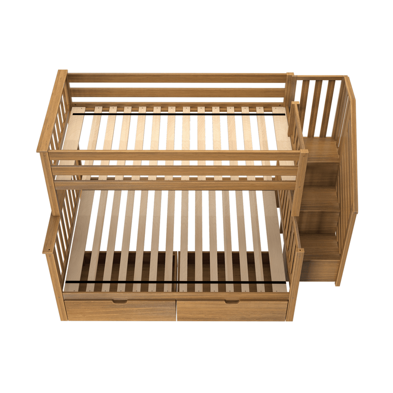 Top-down view of natural wood convertible baby crib with slatted mattress base, safety side rails, built-in storage drawers and attached stairs for nursery