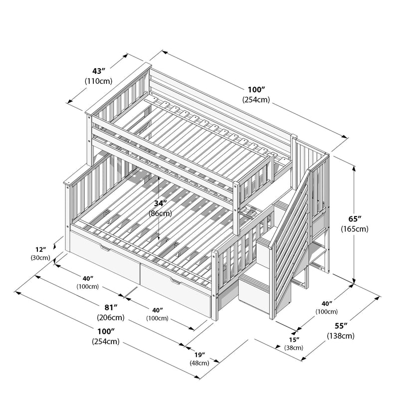 Diagram of a twin-over-full wooden bunk bed with staircase and built-in storage drawers, slatted mattress supports and detailed measurements (100" L x 55" W x 65" H / 254 x 138 x 165 cm).