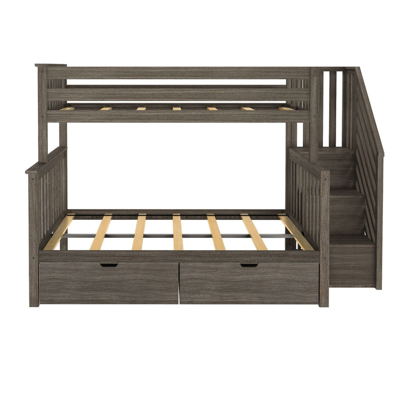Gray wood loft bunk bed with built-in staircase, under-bed storage drawers and platform slats — farmhouse-style kids twin-over-full bunk bed