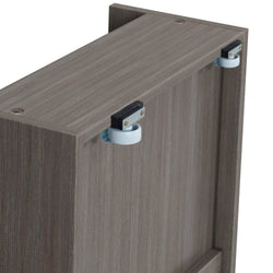 Wooden cabinet with wheels for easy mobility.