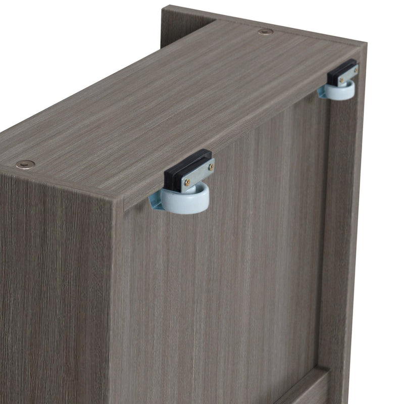 Gray oak-finish furniture panel with metal mounting brackets and white nylon roller casters for sliding cabinet or dresser