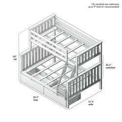 Triple bunk bed with ladder and wooden slats showing dimensions: 65 inches tall, 81.5 inches long, 57.75 inches wide, suitable for mattresses up to 9 inches thick.