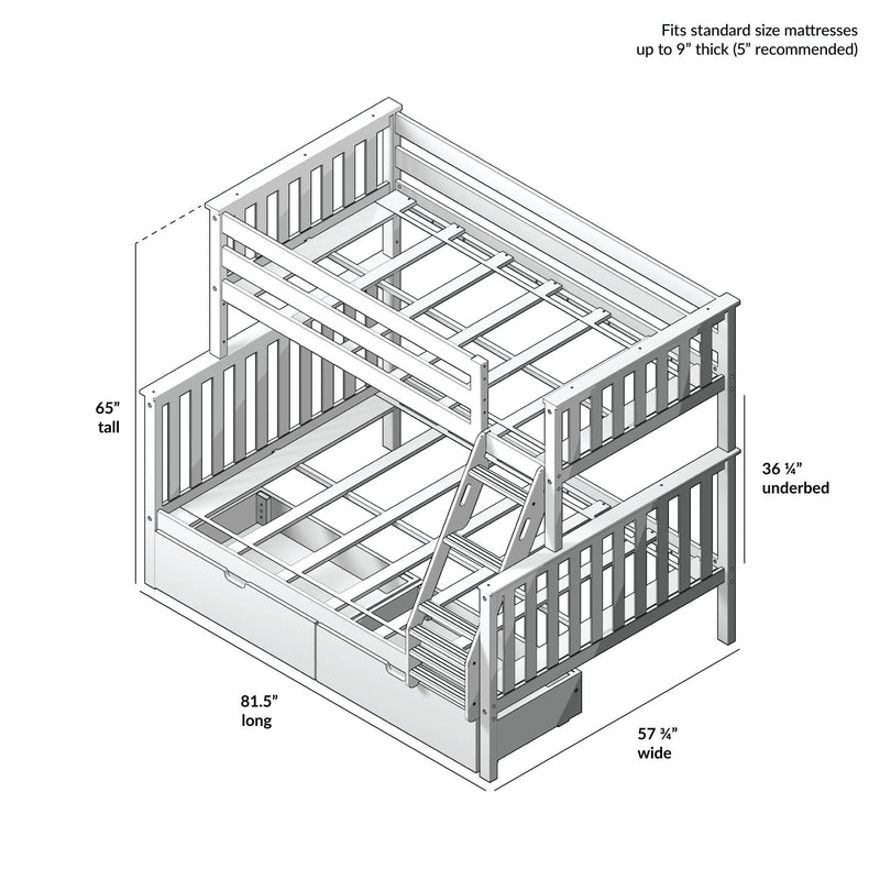 Triple bunk bed with ladder and wooden slats showing dimensions: 65 inches tall, 81.5 inches long, 57.75 inches wide, suitable for mattresses up to 9 inches thick.
