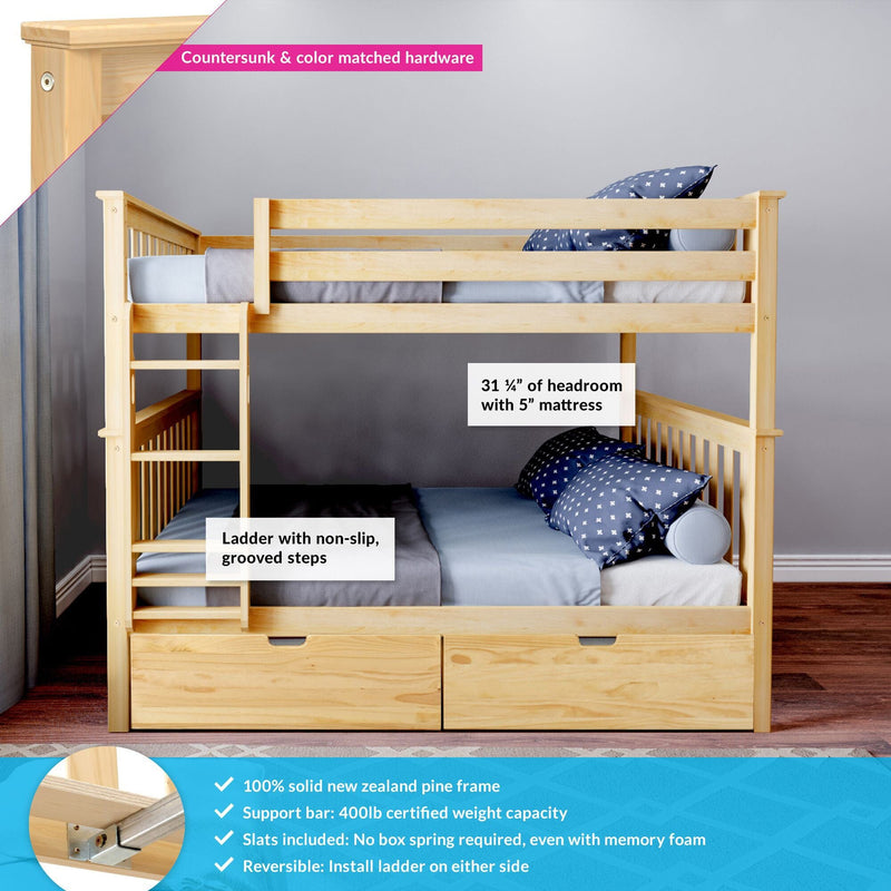 Solid pine twin-over-twin bunk bed with natural finish, built-in ladder with non-slip grooved steps, safety rails and under-bed storage drawers, 31¼″ headroom with 5″ mattress