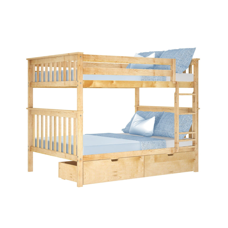 Solid natural wood twin-over-twin bunk bed with blue bedding and built-in under-bed storage drawers for kids' bedroom