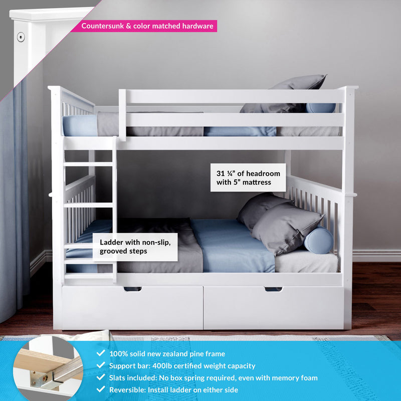 White solid pine twin-over-twin bunk bed with ladder, guard rails and under-bed storage drawers, blue bedding and gray pillows