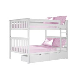 White bunk bed with pink bedding, featuring storage drawers, ideal for kids' room furniture solutions.