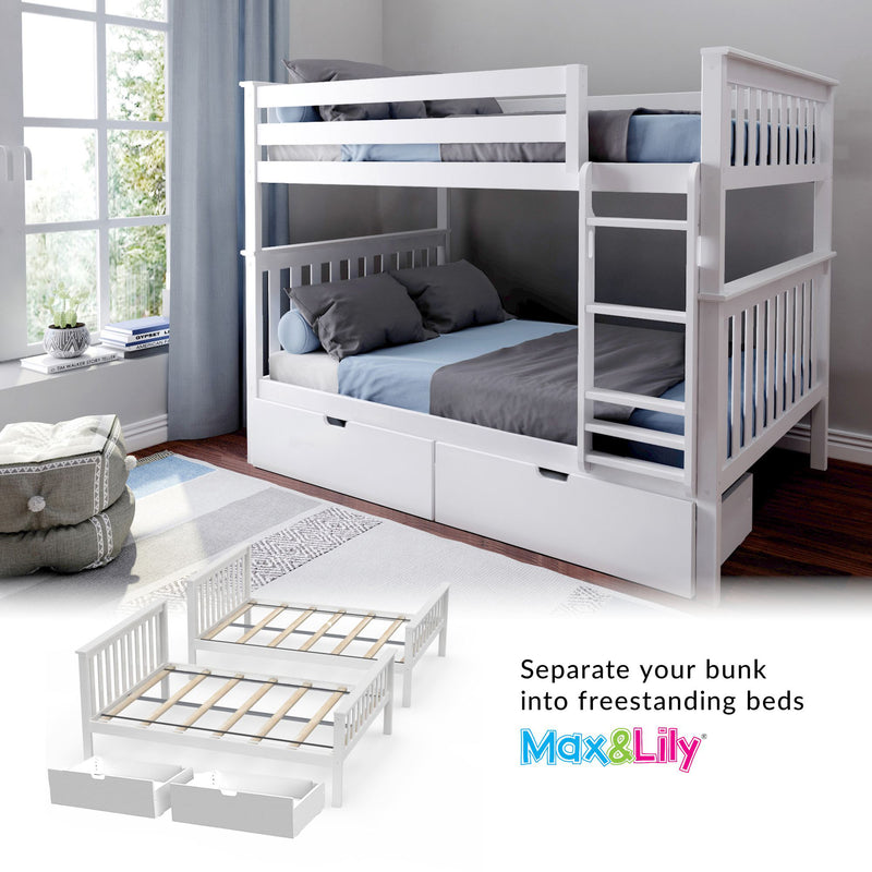 White convertible wooden bunk bed (twin-over-full) with ladder and under-bed storage drawers, blue-gray bedding in modern kids' bedroom