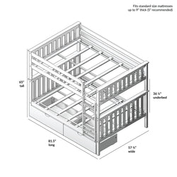 Wooden bunk bed frame dimensions illustration; fits standard mattresses up to 9 inches thick; ideal for space-saving bedroom furniture.
