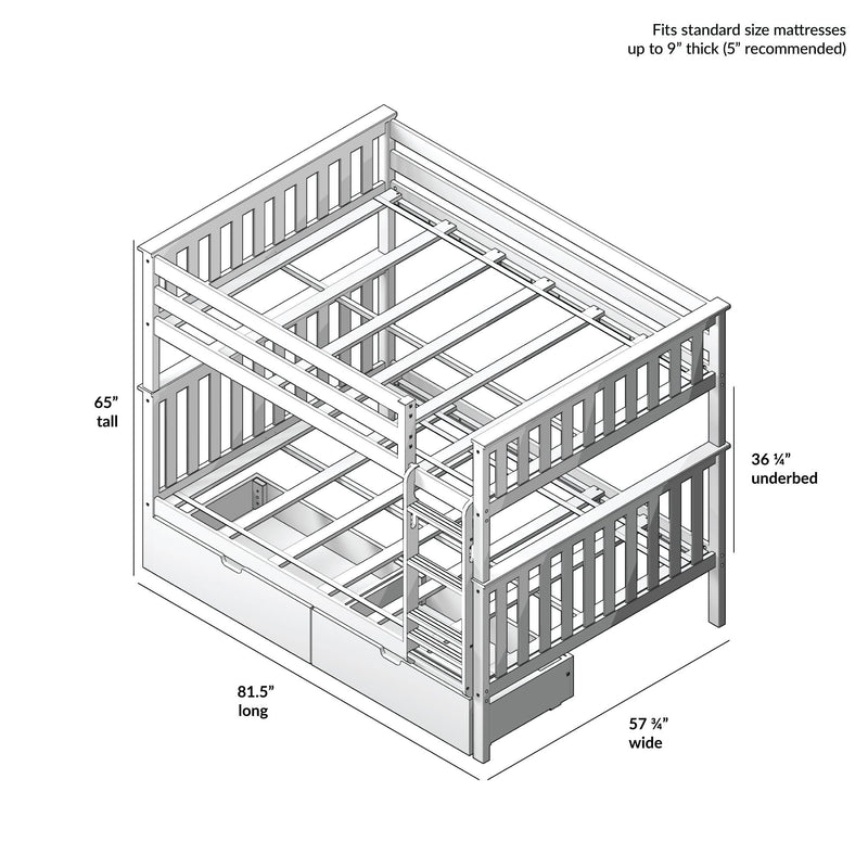 White wooden twin-over-full bunk bed with ladder, guardrails, slatted support frame, pull-out trundle and underbed drawer storage, labeled dimensions 81.5″ long × 57¾″ wide × 65″ tall, fits standard mattresses up to 9″ thick