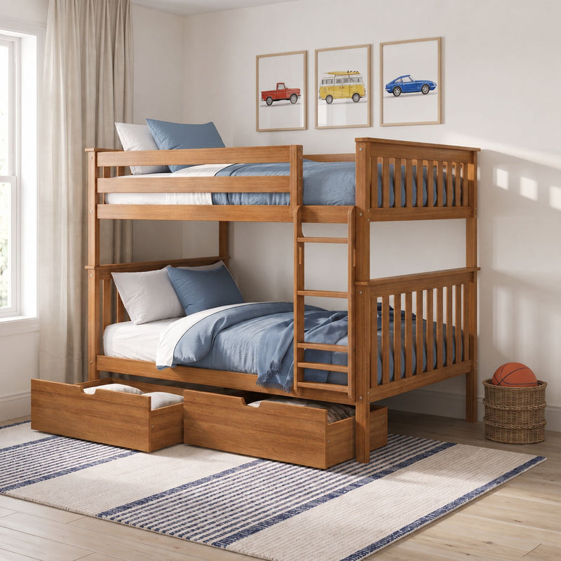Solid wood bunk bed with underbed storage drawers and blue bedding in a children's bedroom with framed car wall art