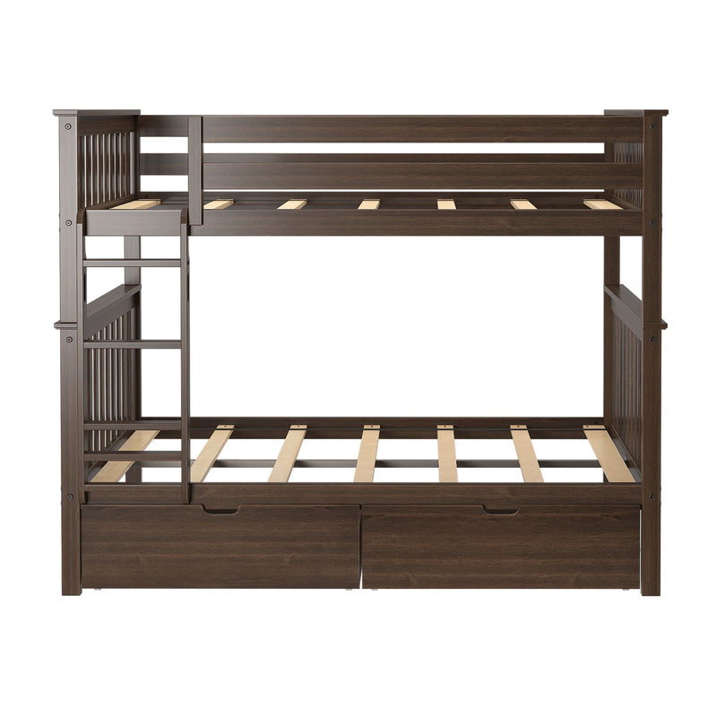 Dark brown wooden twin-over-full bunk bed frame with side ladder, slatted guardrails and bed slats, and built-in under-bed storage drawers
