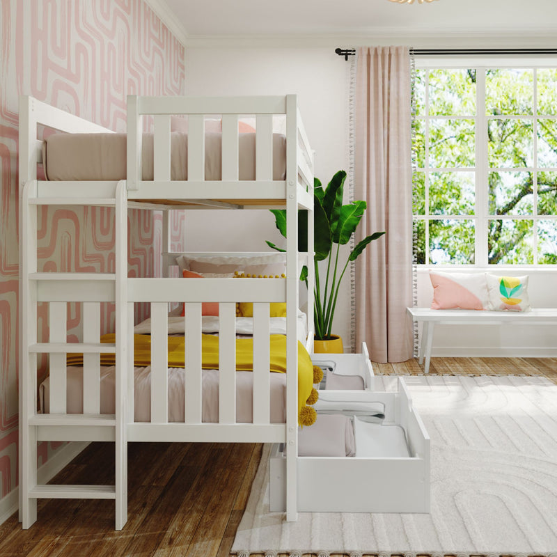 White wooden bunk bed with built-in drawers, cozy pastel bedding, pink geometric wallpaper and sunlit window seat in a modern kids' bedroom