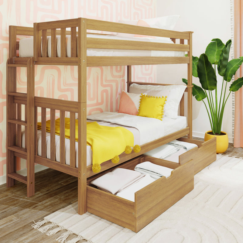 Modern wooden twin-over-twin bunk bed with ladder and under-bed storage drawers in pastel kids' room with yellow bedding and plant