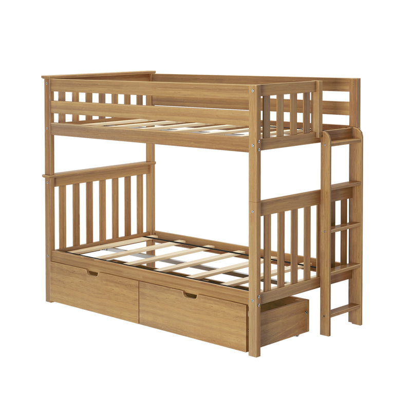 Twin-over-twin wooden bunk bed with ladder and two under-bed storage drawers, slatted head and foot rails, natural oak finish, space-saving design
