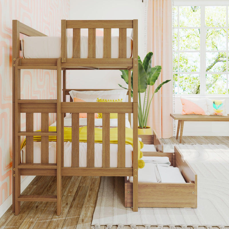 Modern wooden bunk bed with storage drawers in a bright kids' bedroom featuring pink curtains, yellow bedding, indoor plant and large window