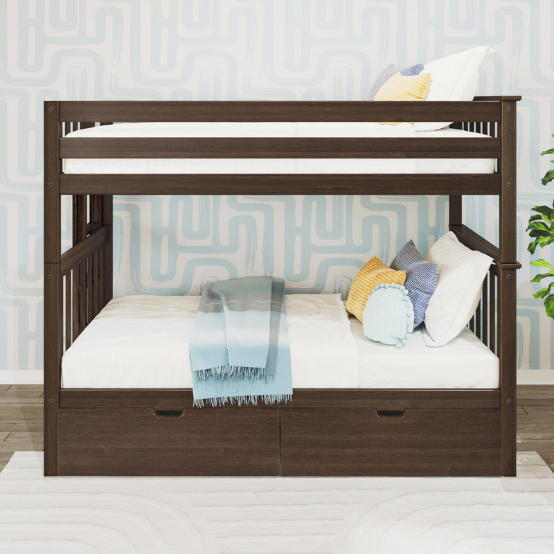 Dark walnut twin-over-twin bunk bed with under-bed storage drawers, white bedding, blue throw and decorative pillows in modern kids' bedroom