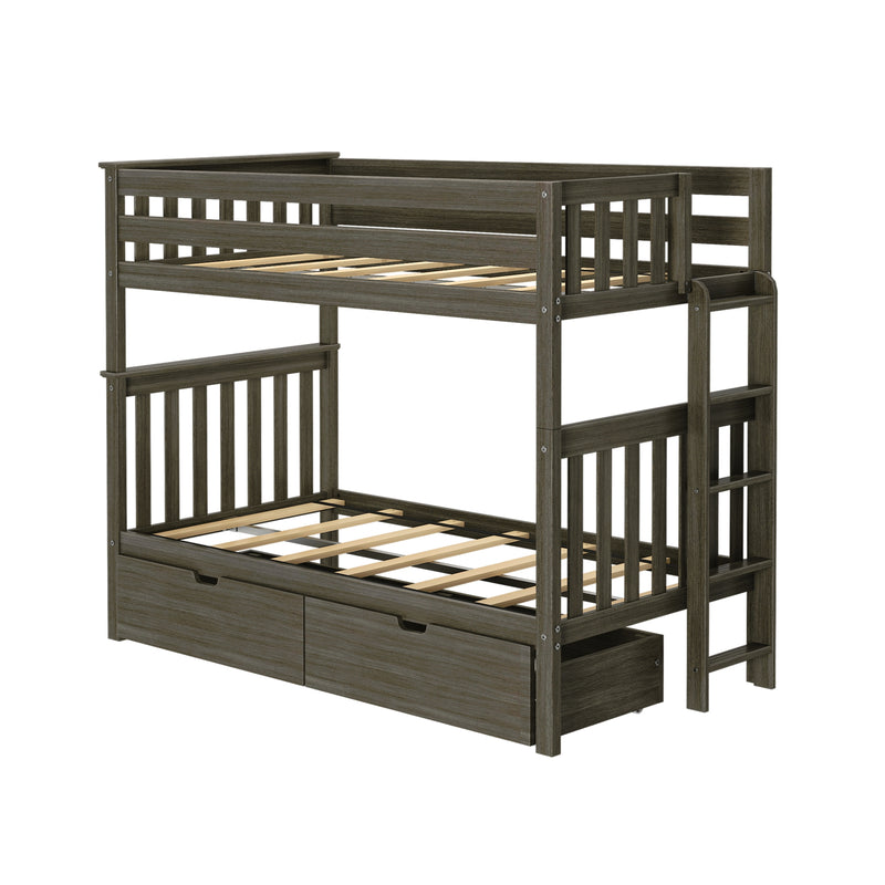 Twin-over-full gray wood bunk bed with ladder, slatted guardrails and two under-bed storage drawers