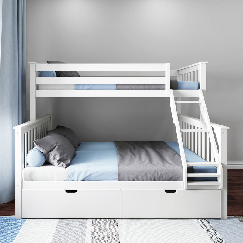 White wooden loft bunk bed with ladder, blue and gray bedding and under-bed storage drawers in a modern kids' bedroom