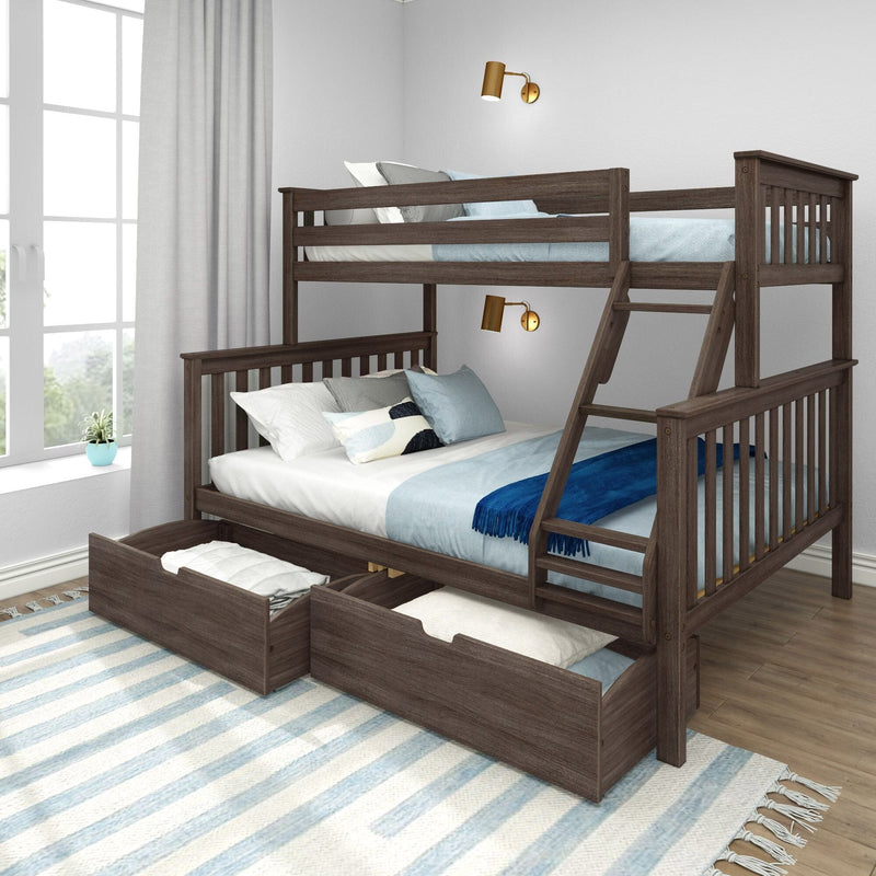 Modern dark brown wooden twin-over-full bunk bed with built-in under-bed storage drawers, slatted rails, angled ladder and blue-and-white bedding in a bright kids' bedroom