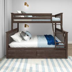 Stylish wooden bunk bed with ladders and storage drawers in a modern bedroom setting.