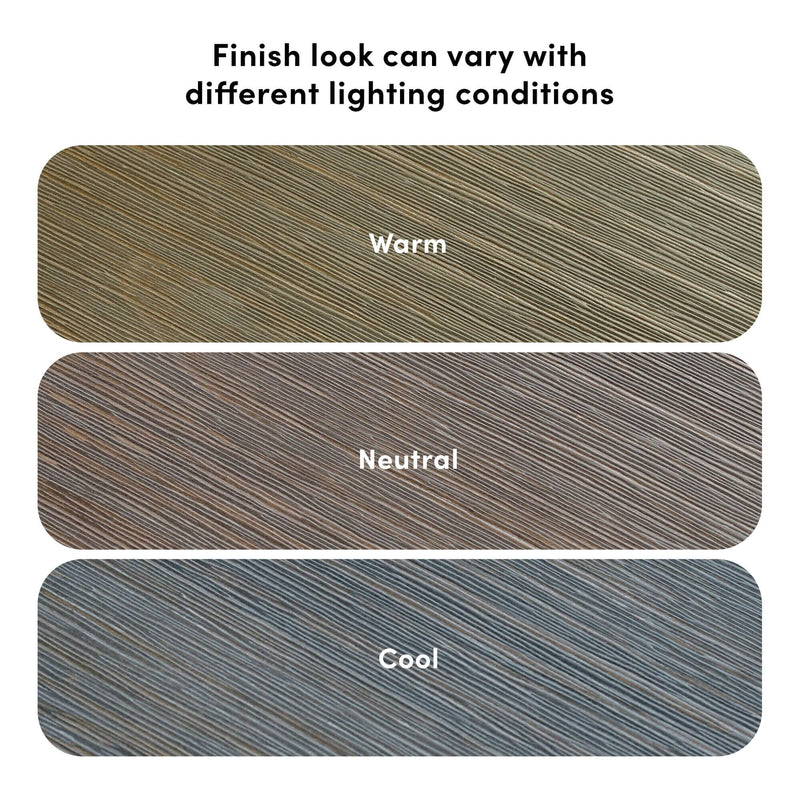 Wood finish sample with diagonal grain showing warm, neutral, and cool tones, illustrating how finish color and texture vary under different lighting conditions