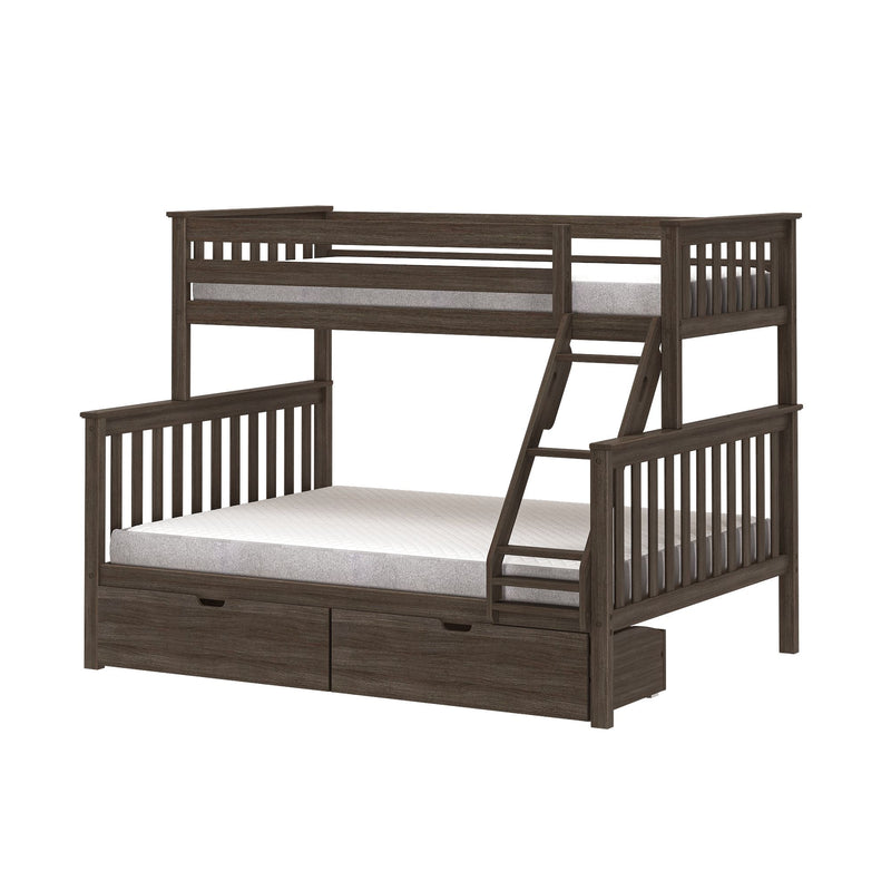Dark brown wood twin-over-full loft bunk bed with angled ladder, slatted headboards and built-in under-bed storage drawers, shown with mattresses