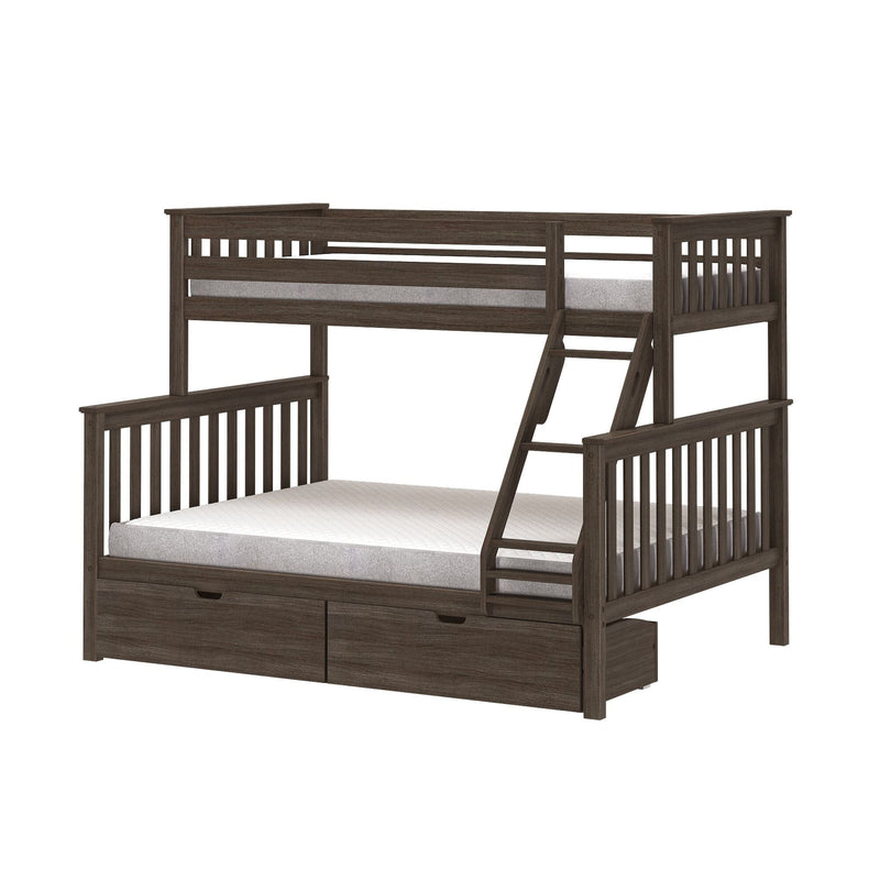 Dark brown wood twin-over-full loft bunk bed with angled ladder, slatted headboards and built-in under-bed storage drawers, shown with mattresses