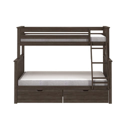 Dark wood bunk bed with ladder and storage drawers, perfect for children's bedroom furniture.