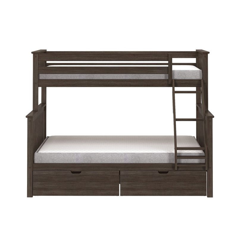 Dark brown twin-over-full wooden bunk bed with ladder, under-bed storage drawers and gray mattresses, modern farmhouse style