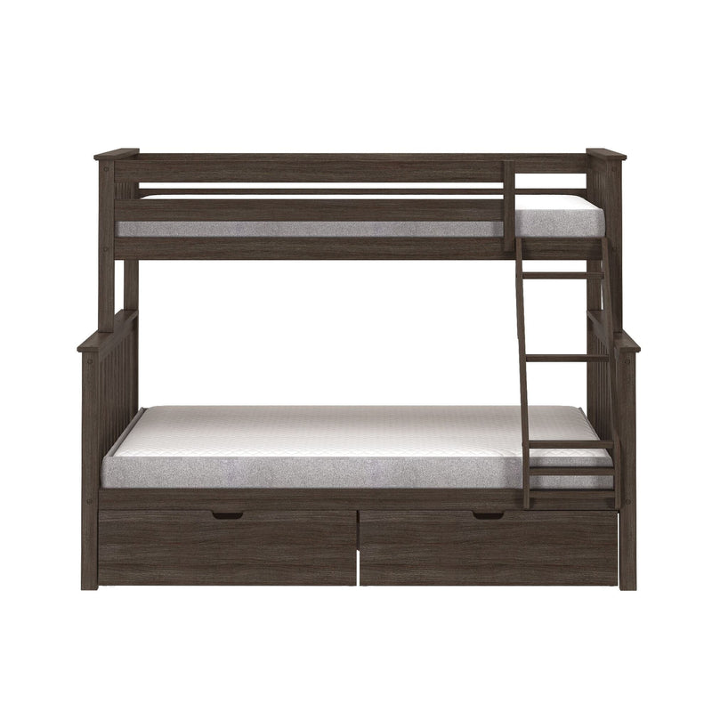 Dark brown twin-over-full wooden bunk bed with ladder, under-bed storage drawers and gray mattresses, modern farmhouse style