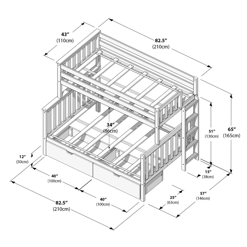 Twin-over-full wooden bunk bed with ladder, safety guardrails and two under-bed storage drawers shown in an isometric dimensional diagram with measurements in inches and centimeters (overall 82.5″/210cm length, 57″/146cm depth, 65″/165cm height).