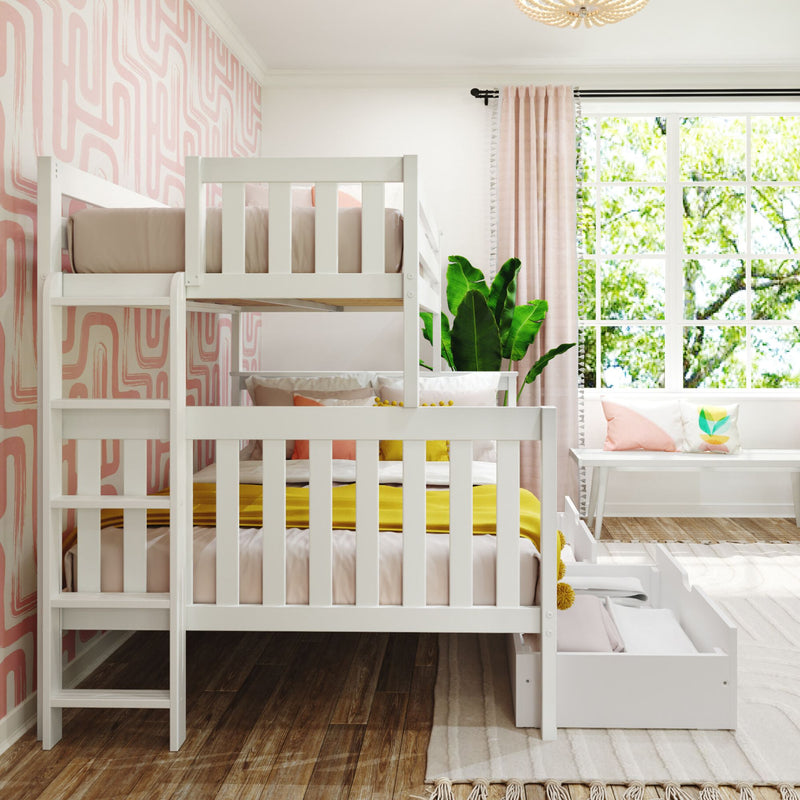 White wooden bunk bed in modern pink kids bedroom with retro geometric wallpaper, large sunlit window, indoor plant and pastel decorative pillows