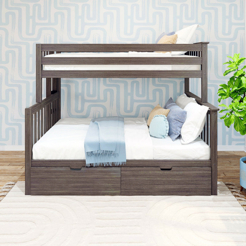 Gray wooden bunk bed with under-bed storage drawers, blue throw and pillows in a modern kids’ bedroom with light blue geometric wallpaper and potted plant