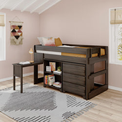 Loft bed with desk and storage drawers in a cozy children's room with pastel walls and decorative rug.