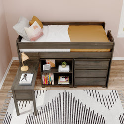 Kids' loft bed with built-in desk, bookshelf, and storage drawers in a modern bedroom setting.
