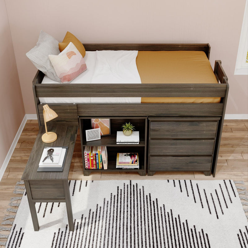 Modern gray wooden twin loft bed with built-in desk, three-drawer storage and open shelves holding books, mustard bedding, decorative pillows, lamp and patterned rug in compact bedroom