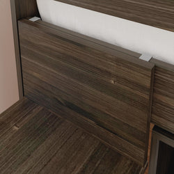 Brown wooden bed frame with a textured headboard and modern design.