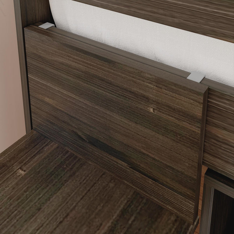 Dark wood grain headboard and platform bed frame close-up showing textured finish and modern rustic bedroom furniture detail