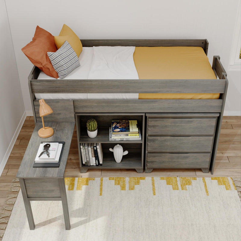 Twin loft bed with built-in desk and storage drawers in gray wood, mustard yellow bedding, orange and striped pillows, lamp, cactus and bookshelf — modern kids bedroom decor