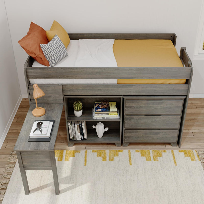 Twin loft bed with built-in desk and storage drawers in gray wood, mustard yellow bedding, orange and striped pillows, lamp, cactus and bookshelf — modern kids bedroom decor