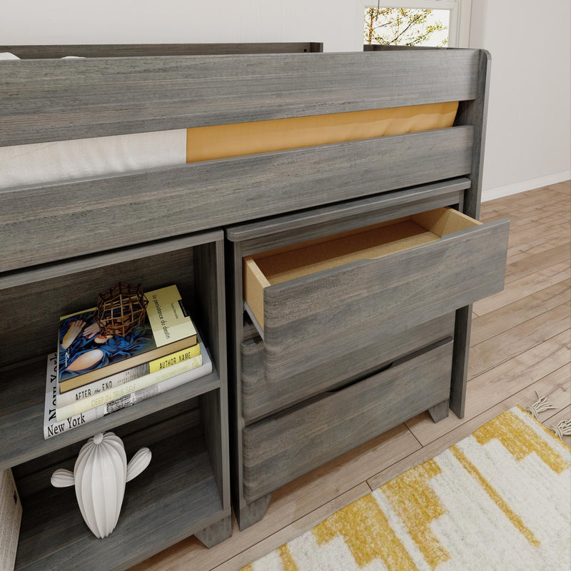 Gray weathered wood bed with built-in drawers and open storage shelf showing books and decorative cactus on a hardwood floor