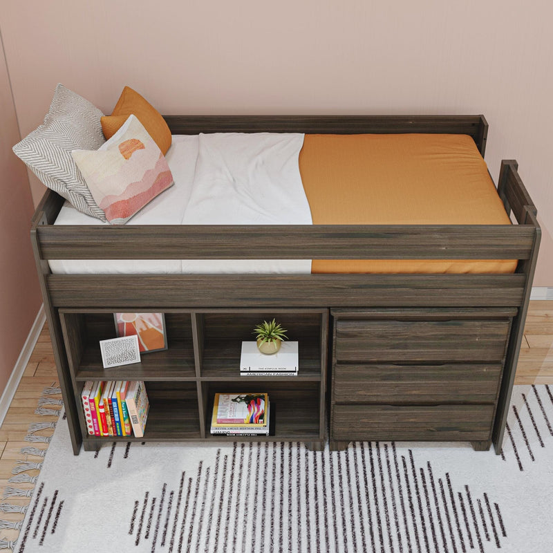 Dark wood twin loft bed with built-in drawers and open cubby shelves, orange bedding and decorative pillows in a modern kids/teen bedroom on patterned rug