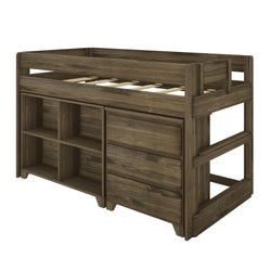 Rustic wooden loft bed with integrated storage and ladder for space-saving bedroom solutions.