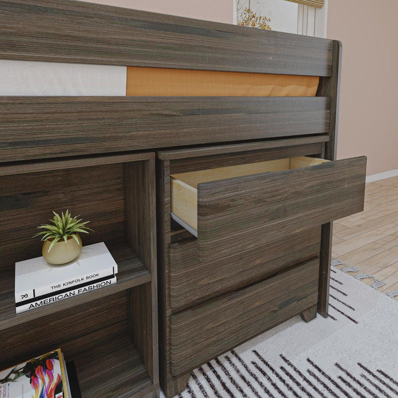 Modern dark-walnut wood dresser with open drawer, bedroom storage, decorative plant and stacked books