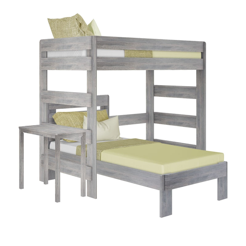 Gray wooden twin-over-twin loft bunk bed with built-in desk and ladder, rustic weathered finish, green bedding and pillows — space-saving kids' bedroom furniture