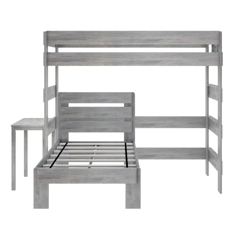 Weathered gray wooden twin-over-twin bunk bed frame with slatted mattress supports and guard rails, space-saving design for kids' bedrooms