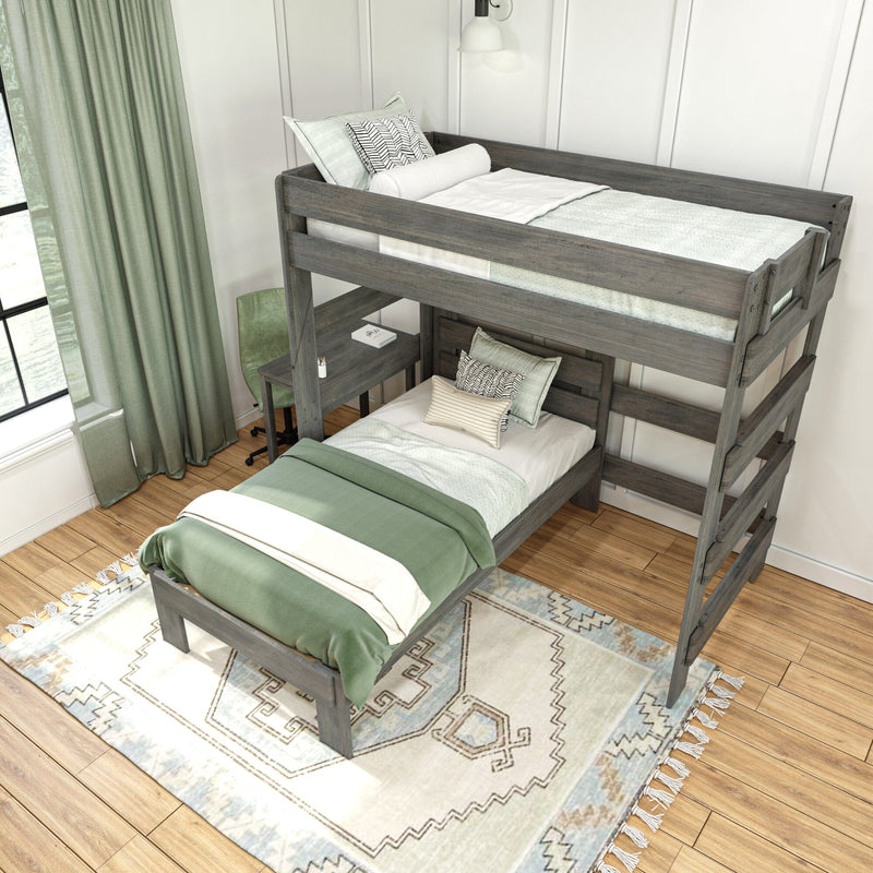 Gray wooden twin-over-twin space-saving loft bunk bed with green and white bedding, patterned accent pillows, built-in desk underneath, hardwood floors, area rug and sage curtains in a modern kids' bedroom