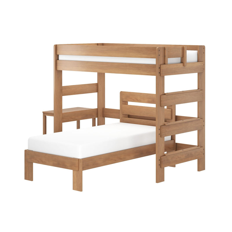 Solid wood twin-over-twin bunk bed in natural oak finish with safety guard rails and built-in ladder, modern kids loft bed