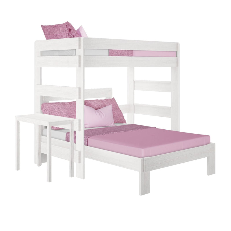 White wood twin-over-full bunk bed with pink bedding, built-in ladder and small side desk — space-saving modern kids' bedroom furniture